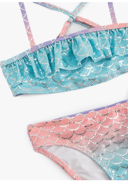 Deniz Kızı Temalı Baskı Detaylı Fırfırlı Askılı Bikini Takımı