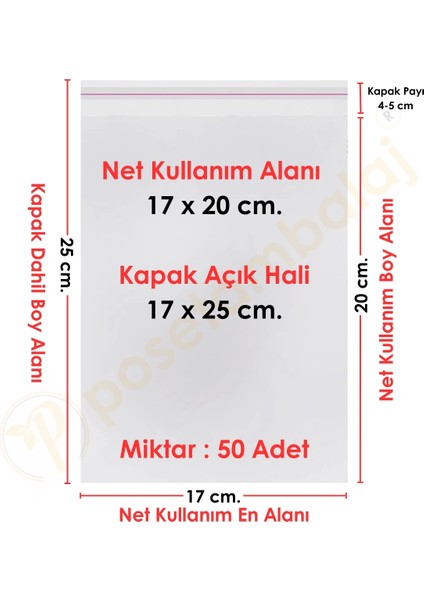 17X20+5 CM.(17X25) 50 Adet Şeffaf Bantlı Yapışkanlı Opp Poşet