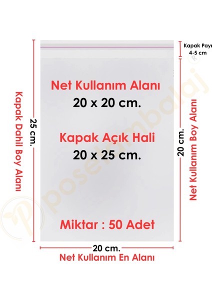 20X20+5 CM. (20X25) 50 Adet Şeffaf Bantlı Yapışkanlı Opp Poşet