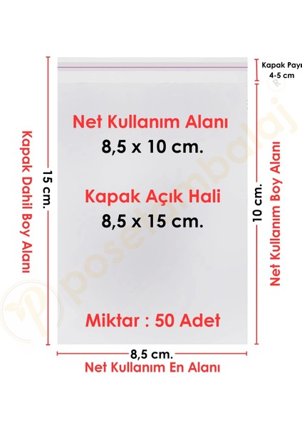 8,5X10+5 CM.(8,5X15) 50 Adet Şeffaf Bantlı Yapışkanlı Opp Poşet