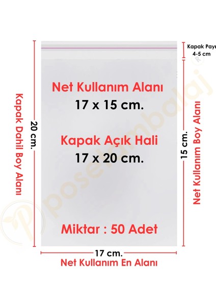 17X15+5 CM.(17X20) 50 Adet Şeffaf Bantlı Yapışkanlı Opp Poşet