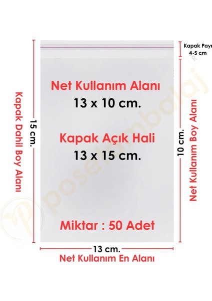 13X10+5 CM. (13X15) 50 Adet Şeffaf Bantlı Yapışkanlı Opp Poşet