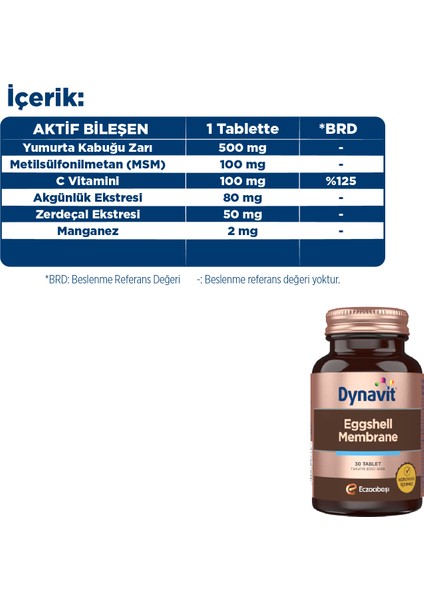 Eggshell Membrane 30 Tablet - Yumurta Kabuğu Zarı, Metilsülfonilmetan, C Vitamini, Zerdeçal,Manganez
