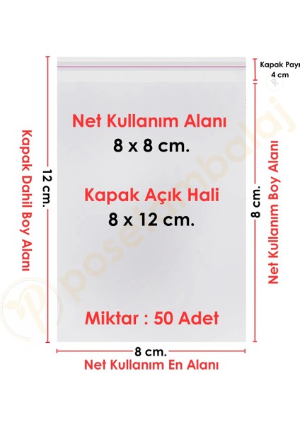 8x8+4 CM.(8X12) 50 Adet Şeffaf Bantlı Yapışkanlı Opp Poşet