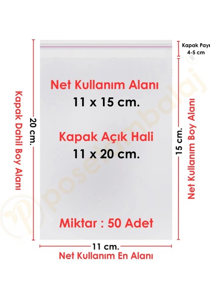 11X15+5 CM.(11X20) 50 Adet Şeffaf Bantlı Yapışkanlı Opp Poşet