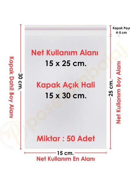 15X25+5 CM. (15X30) 50 Adet Şeffaf Bantlı Yapışkanlı Opp Poşet