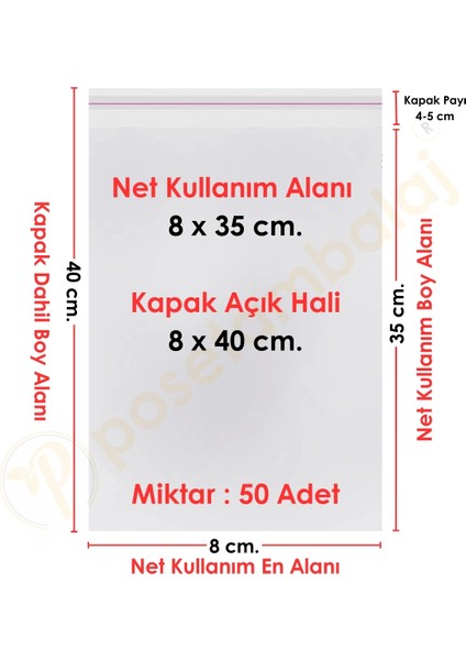 8X35+5 CM.(8X40) 50 Adet Şeffaf Bantlı Yapışkanlı Opp Poşet
