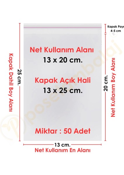 13X20+5 CM. (13X25) 50 Adet Şeffaf Bantlı Yapışkanlı Opp Poşet