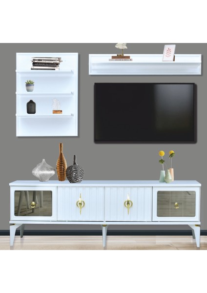 Tuna Duvar Ünitesi Beyaz 4 Kapaklı Cam Detaylı Altın Detaylı 4 Kapaklı 160x36x52 Cm