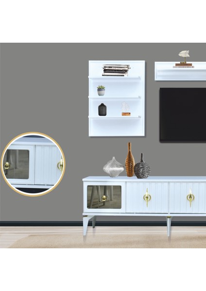 Tuna Duvar Ünitesi Beyaz 4 Kapaklı Cam Detaylı Altın Detaylı 4 Kapaklı 160x36x52 Cm