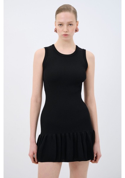 Volanlı Mini Triko Elbise Siyah 12445179000