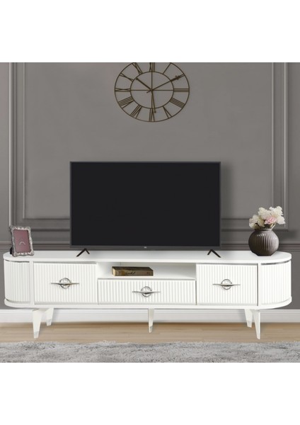 Duru TV Sehpası Beyaz Gümüş Detaylı Çekmeceli 2 Kapaklı Oval Tasarım 180x53x40 Cm fiyatları