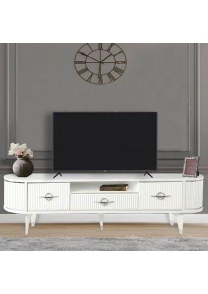 Duru TV Sehpası Beyaz Gümüş Detaylı Çekmeceli 2 Kapaklı Oval Tasarım 180x53x40 Cm modelleri