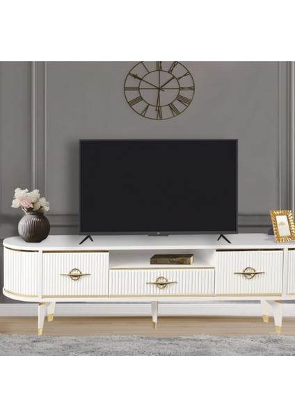 Duru TV Sehpası Beyaz Gold 2 Kapaklı 1 Çekmeceli Oval Detaylı Sehpa 180x40x53 Cm modelleri