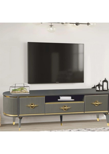 Duru Tv Sehpası Antrasit Gold 2 Kapaklı 1 Çekmeceli Oval Formlu Sehpa 180x40x53 Cm modelleri