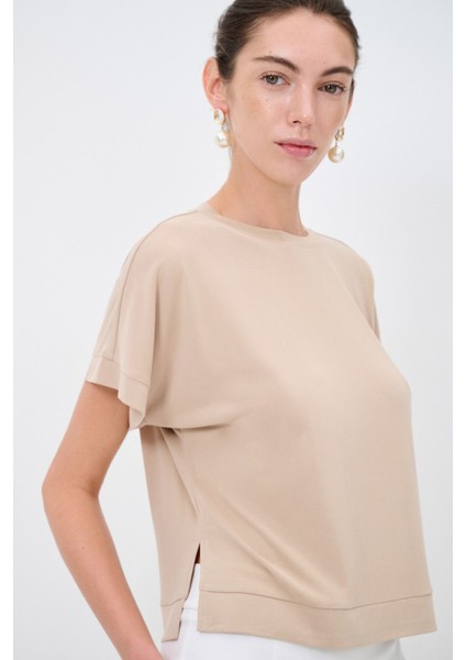 Kısa Kollu Örme Bluz Bej 11545228000