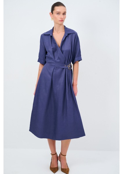 Toka Detaylı Uzun Kol Midi Boy Elbise