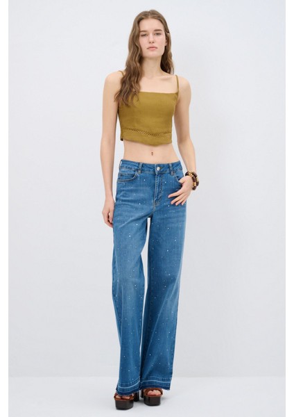 Bol Paça Taşlı Denim Pantolon