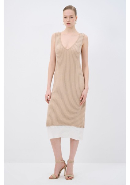 V Yaka Triko Elbise Camel 12445176000