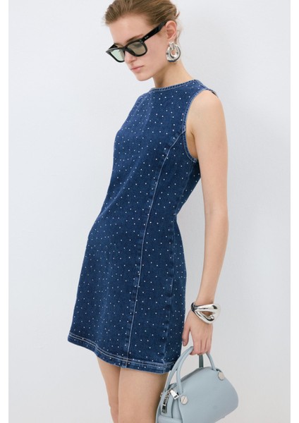 Taş Detaylı Denim Elbise Mavi 12445226000