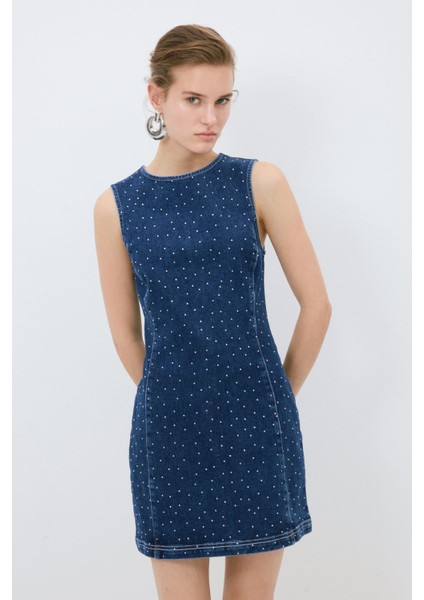 Taş Detaylı Denim Elbise Mavi 12445226000