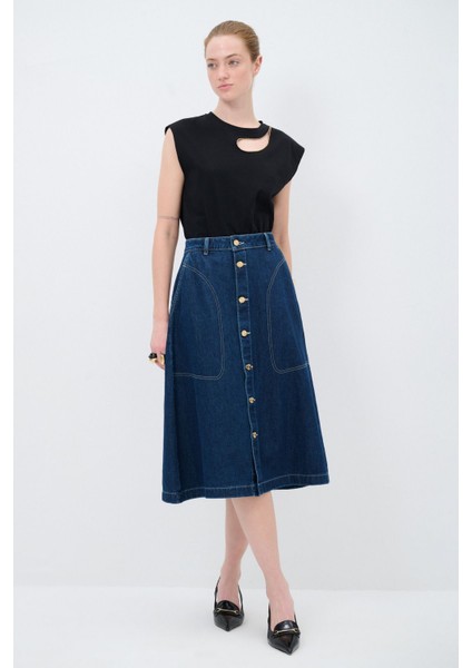 Düğmeli Denim Etek