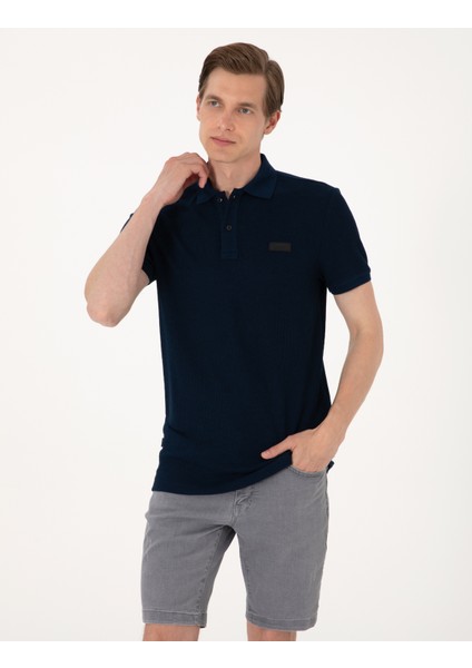 Erkek Lacivert Slim Fit Örme Dokulu Polo Yaka Tişört 50309959-VR033