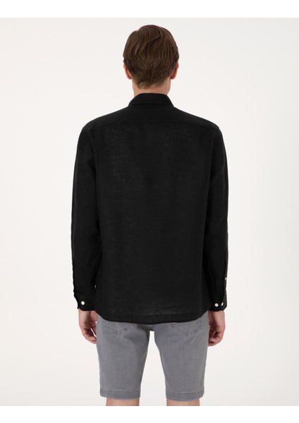 Erkek Siyah %100 Keten Regular Fit Uzunkollu Gömlek 50303293-VR046