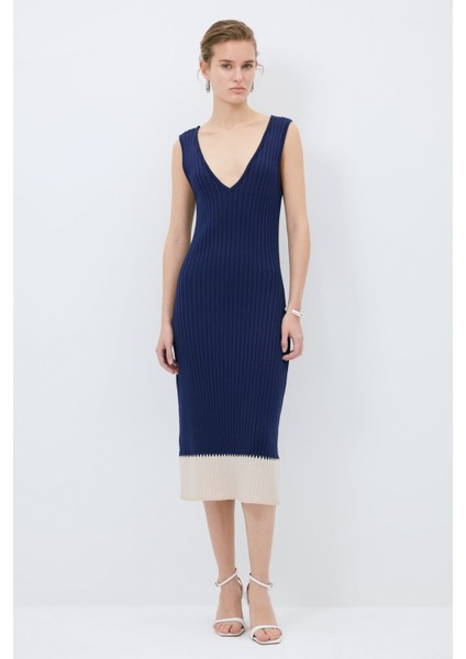 V Yaka Triko Elbise Lacivert 12445176000