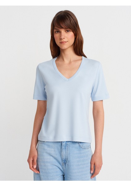 31840 V Yaka Kısa Kollu T-Shirt-Açık Mavi
