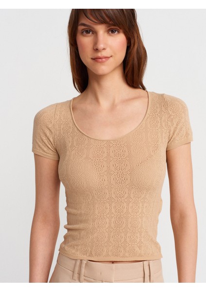 10755 Kısa Kollu Dantel Dokulu Ince Triko Bluz-Bej