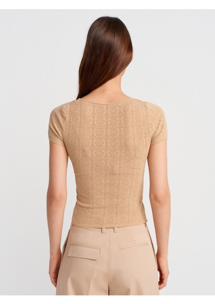 10755 Kısa Kollu Dantel Dokulu Ince Triko Bluz-Bej fiyatları