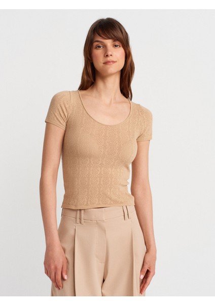 10755 Kısa Kollu Dantel Dokulu Ince Triko Bluz-Bej modelleri
