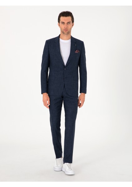 Erkek Lacivert Slim Fit Yün Ipek Karışımlı Takım Elbise 50306778-VR033