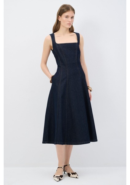 Dikiş Detaylı Midi Denim Elbise Lacivert 12445004000
