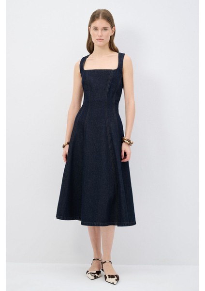 Dikiş Detaylı Midi Denim Elbise Lacivert 12445004000