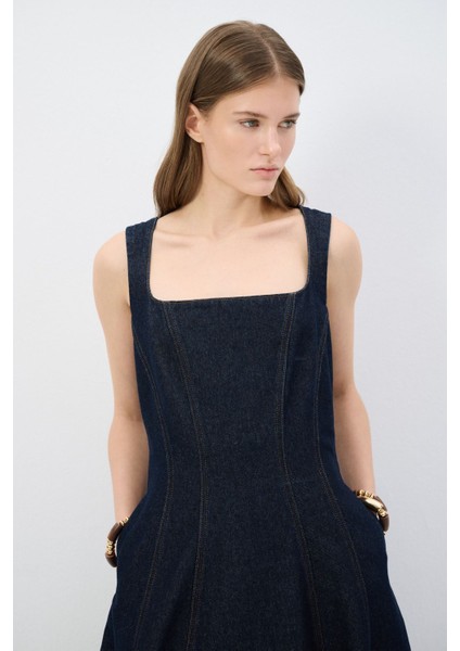 Dikiş Detaylı Midi Denim Elbise Lacivert 12445004000