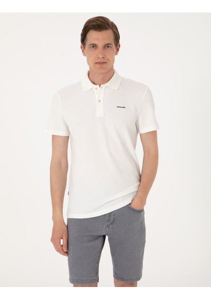 Erkek Ekru Slim Fit Örme Dokulu Polo Yaka Tişört 50309946-VR019