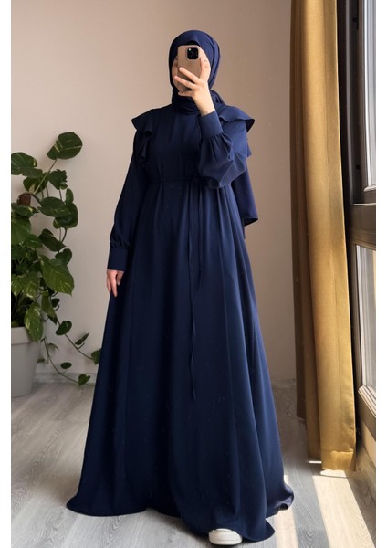 Omuzu Fırfırlı Elbise-Lacivert