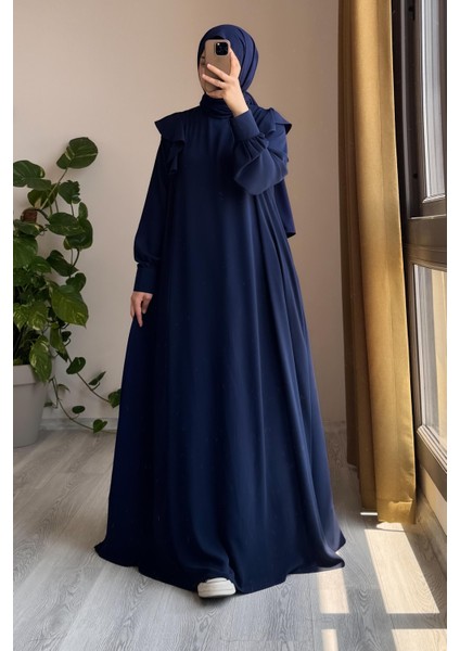 Omuzu Fırfırlı Elbise-Lacivert indirimleri