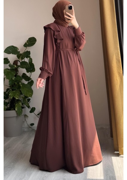 Omuzu Fırfırlı Elbise-Açık kahve