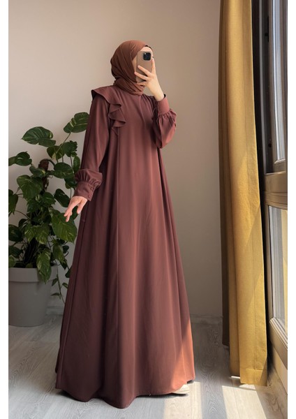 Omuzu Fırfırlı Elbise-Açık kahve fiyatları