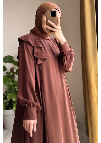 Omuzu Fırfırlı Elbise-Açık kahve modelleri