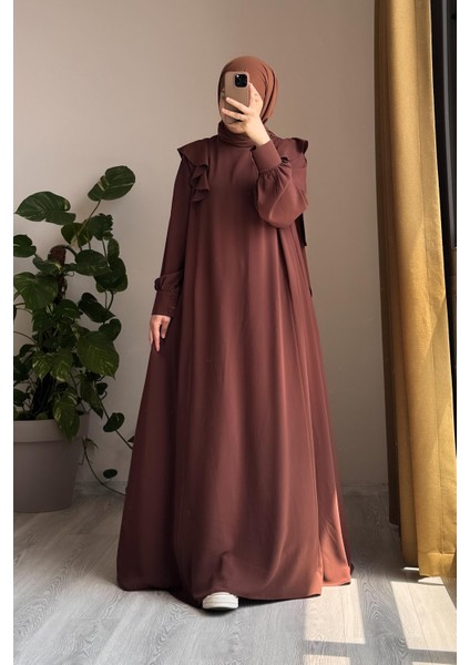 Omuzu Fırfırlı Elbise-Açık kahve fırsatları