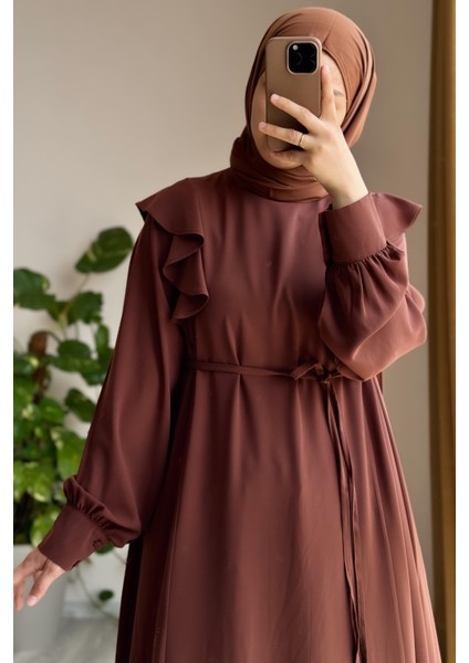 Omuzu Fırfırlı Elbise-Açık kahve indirimleri