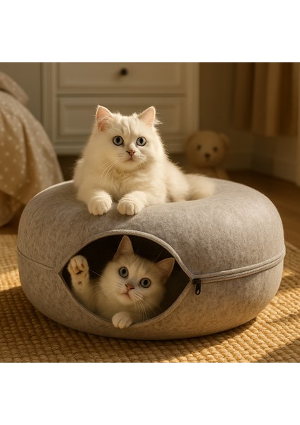 Kedi Tüneli ve Yatağı | 2 Katlı Oyun ve Dinlenme Alanı | Fermuarlı, Taşınabilir, Modern Tasarım | Kediler Için Konforlu Ev