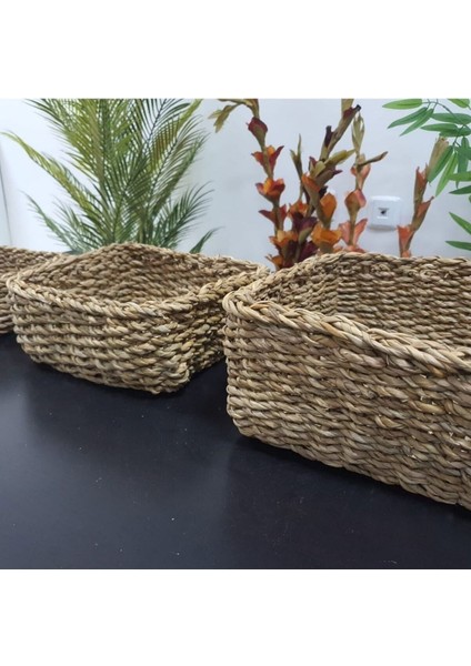 3'lü Kare Hasır Düzenleyici Dekoratif Natural Hasır Sepet, Damat Sepeti, Damat Bohçası modelleri