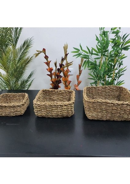 3'lü Kare Hasır Düzenleyici Dekoratif Natural Hasır Sepet, Damat Sepeti, Damat Bohçası indirimleri