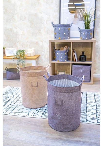 Çok Amaçlı Tahta Saplı Gri Keçe Sepet | Şık Sepet 34X45CM