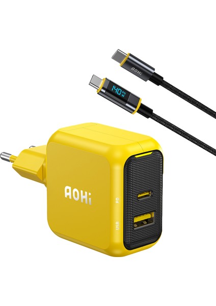 Magcube 67W 2 Portlu Şarj Adaptörü, 140W LED Ekranlı Naylon Örgülü Süper Hızlı Şarj/data Kablosu Seti